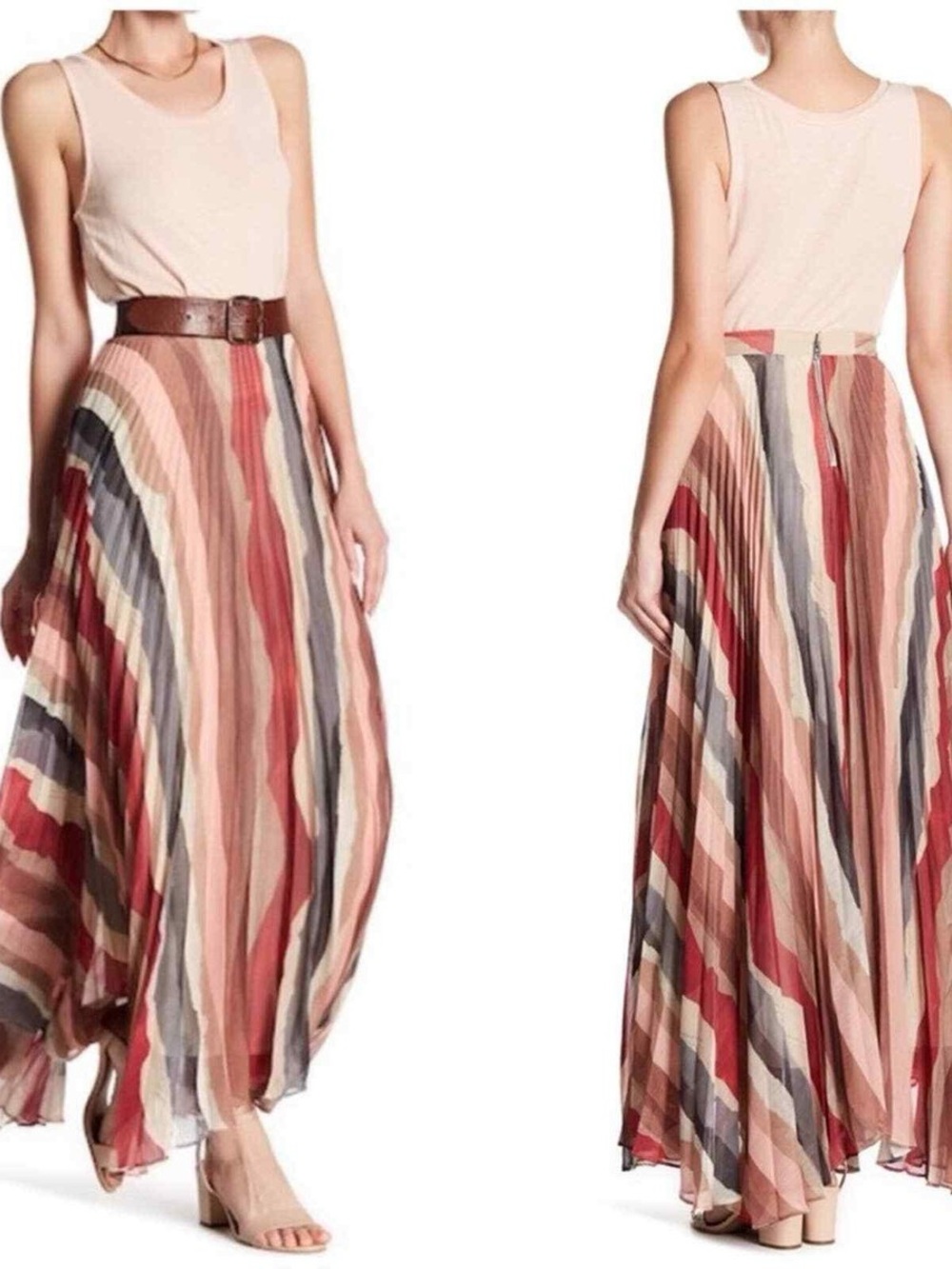 Alice + Olivia Pleated Maxi Skirt in Multi-Stripe Neutrals and Red